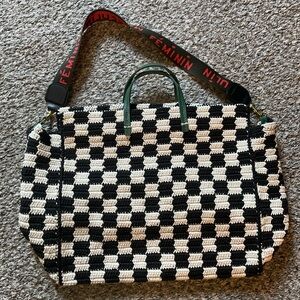 Clare V Summer Simple Tote in black and cream crochet checker
